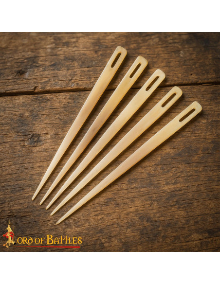 Set of 5 hand-carved bone needles (9...