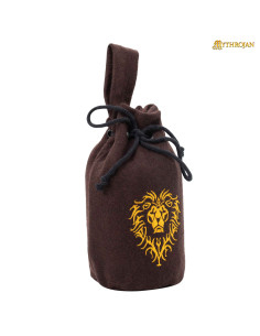 Medieval money pouch in wool with lion design, brown color