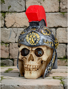 Skull figure with Roman helmet, made of resin