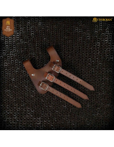 Renaissance-style brown leather belt, left hand