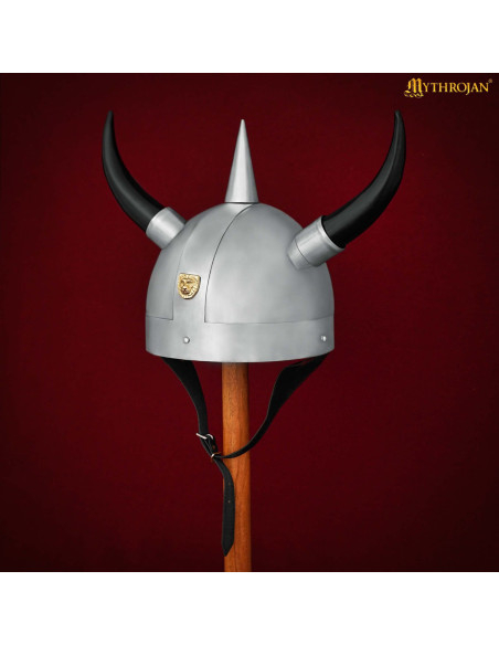 Viking helmet with horns and lion badge