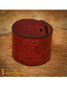 Medieval leather bracelet with Thor's hammer embossed design, garnet color