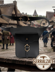Medieval shoulder bag for travelers in leather, black color