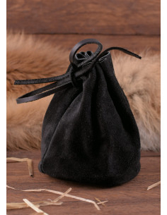 Large medieval leather money bag, black color