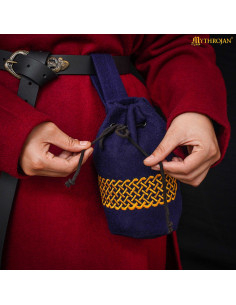 Medieval wool embroidered belt bag, blue color