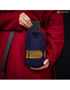 Medieval wool embroidered belt bag, blue color 2