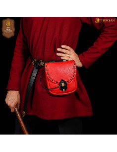 Medieval leather bag with bone closure, red color