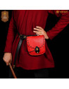 Medieval leather bag with bone closure, red color