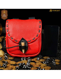 Medieval leather bag with bone closure, red color 2