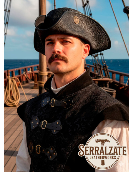 Pirate Tricorn Hat Deluxe Leather, black