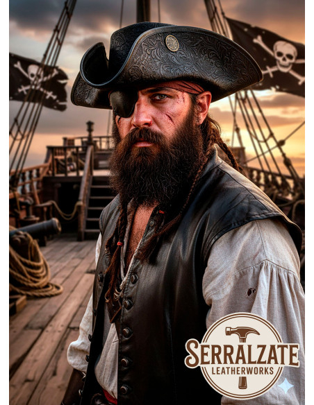 Pirate Tricorn Hat Deluxe Leather, black