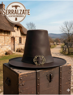 Dark wizard hat in smooth leather, brown color 2