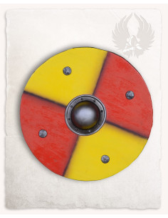 Viking round shield for LARP model Rorrik, yellow-red