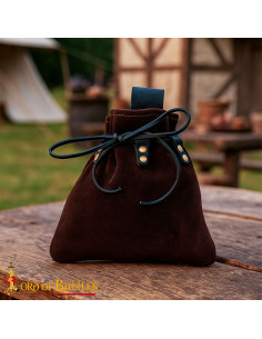 Medieval fanny pack with cord closure, genuine suede leather
