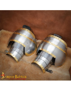 Medieval steel pauldrons with brass trim, Hussar model