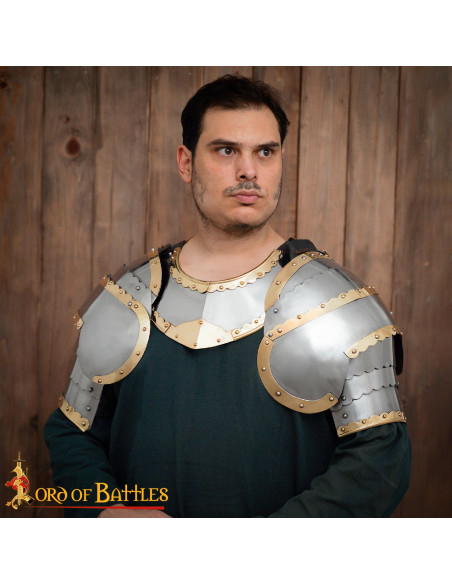 Medieval steel pauldrons with brass...