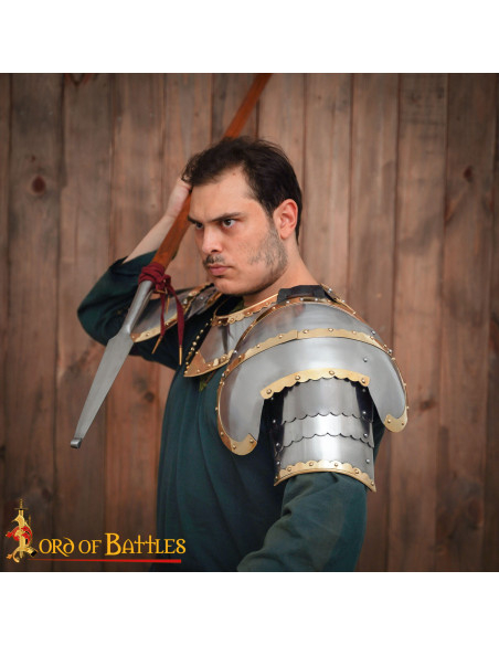 Medieval steel pauldrons with brass...