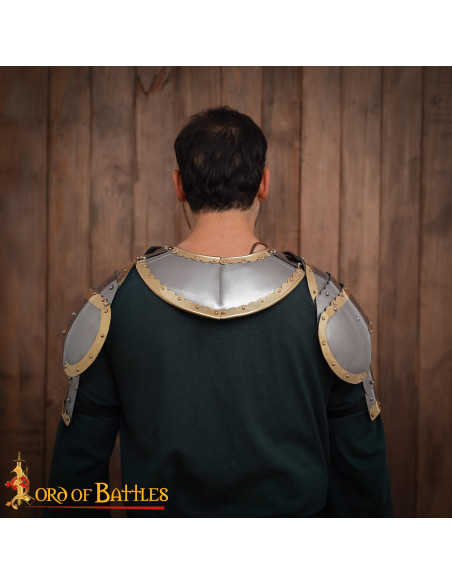 Medieval steel pauldrons with brass...