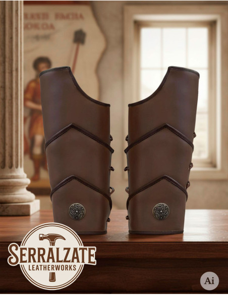 Roman legionary greaves in brown leather Roman legionary greaves in brown leather