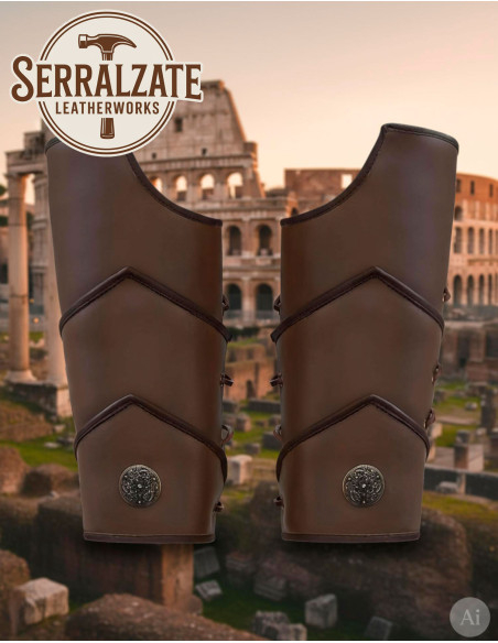 Roman legionary greaves in brown leather Roman legionary greaves in brown leather