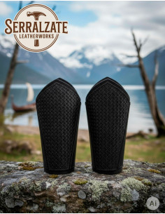 Viking scale greaves in black leather