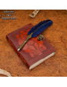Medieval leather-bound journal with embossed goddess design, brass closure