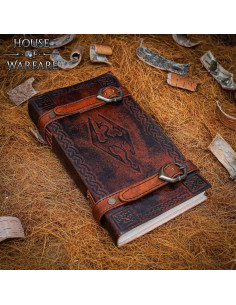 Medieval diary with leather cover, strap closure, dragon...