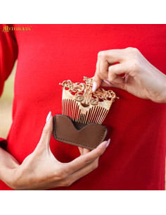 Viking comb in bronze with leather sheath, shiny finish 2