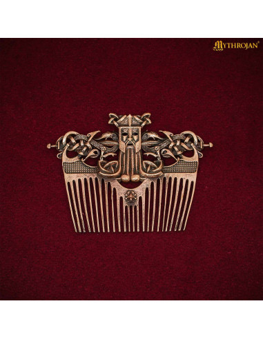 Bronze Viking comb with leather sheath, aged finish