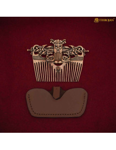 Bronze Viking comb with leather sheath, aged finish 2