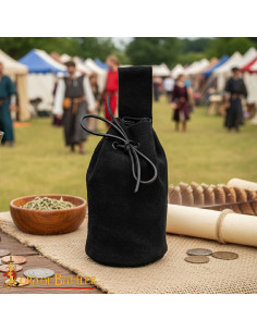 Suede leather pouch with cord, black color