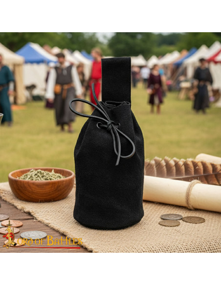 Suede leather pouch with cord, black... Suede leather pouch with cord, black...