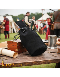 Suede leather pouch with cord, black color 2