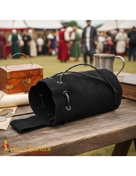 Suede leather pouch with cord, black... Suede leather pouch with cord, black...