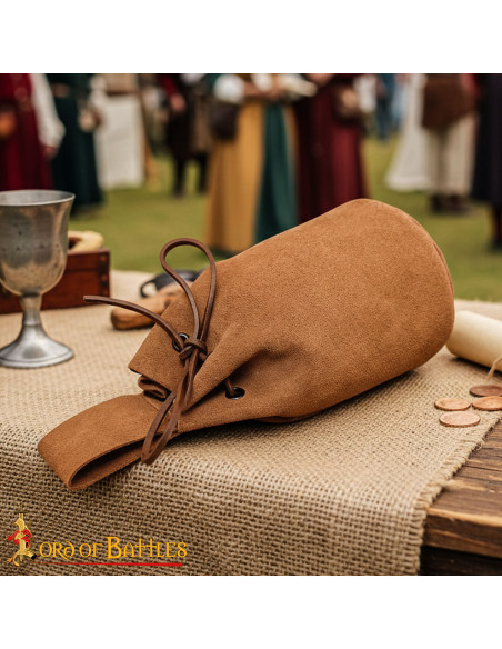 Suede pouch with drawstring, brown color Suede pouch with drawstring, brown color