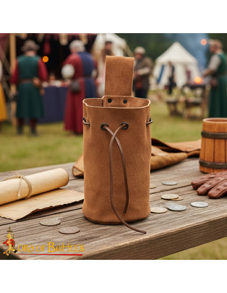 Suede pouch with drawstring, brown color Suede pouch with drawstring, brown color