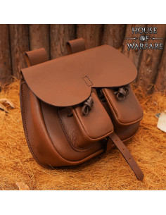 Brown leather medieval bag with pockets, for belts