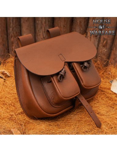 Brown leather medieval bag with pockets, for belts