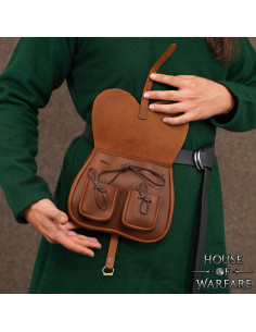 Brown leather medieval bag with pockets, for belts 2