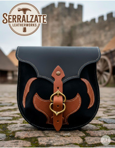 Medieval black leather bag with brown appliqués for belts 2