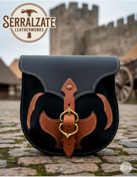 Medieval black leather bag with brown... Medieval black leather bag with brown...