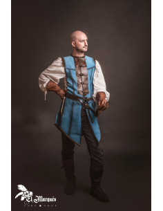 Long medieval leather coat for men, blue suede