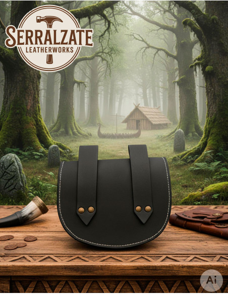 Medieval black leather bag with brown... Medieval black leather bag with brown...