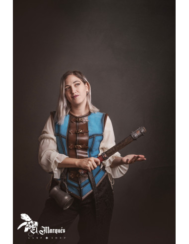 Short medieval leather jacket for women, blue suede