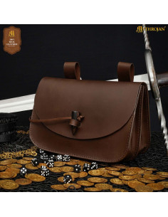 Medieval belt bag with horn closure, dark brown color