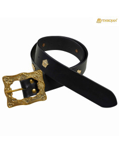 Renaissance Medieval Belt, Black Leather with Brass Buckle