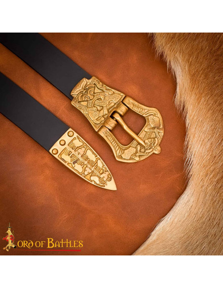 Black Leather Viking Belt with Ornate...