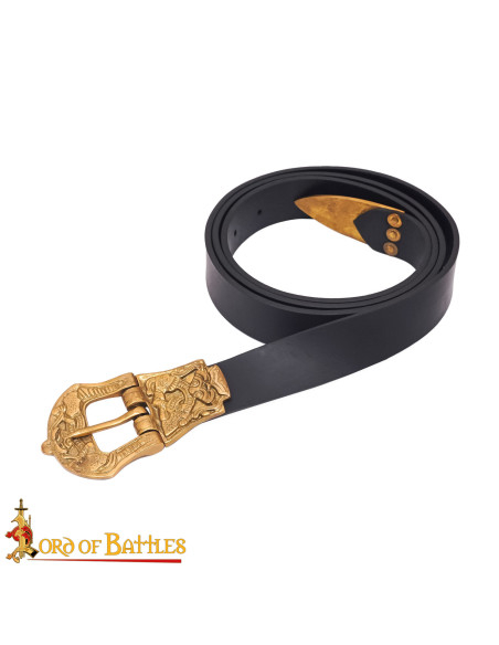 Black Leather Viking Belt with Ornate...