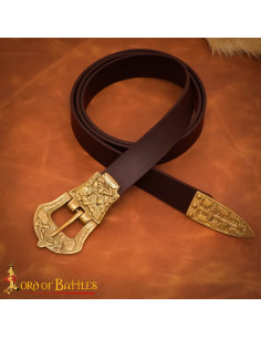 Brown Leather Viking Belt with Ornamental Brass Buckle...