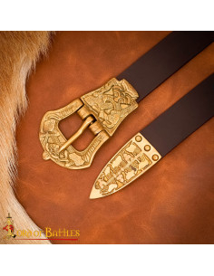 Brown Leather Viking Belt with Ornamental Brass Buckle... 2